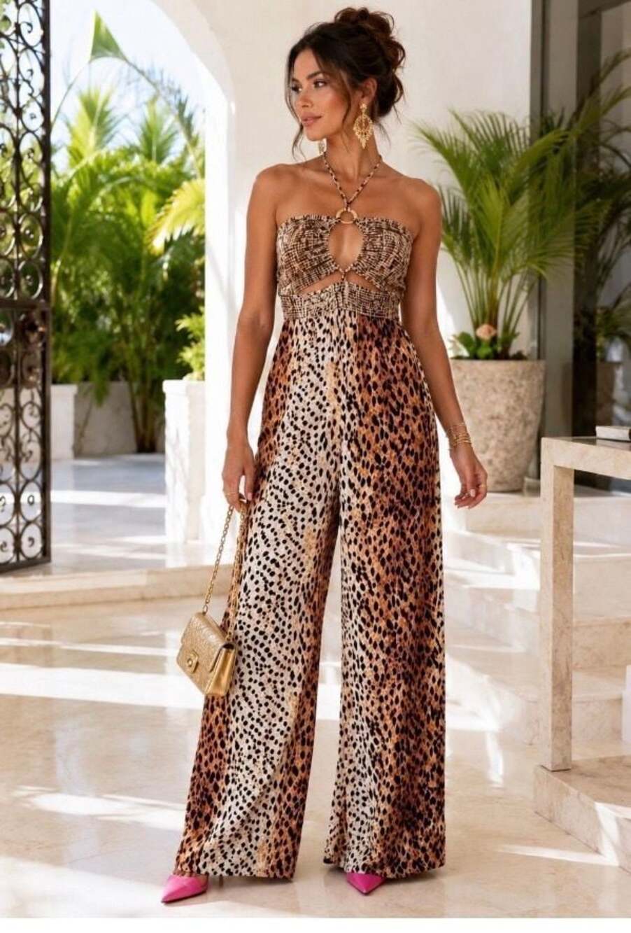 249 River Island Halter Leopard Print Cutout Wide Leg Jumpsuit